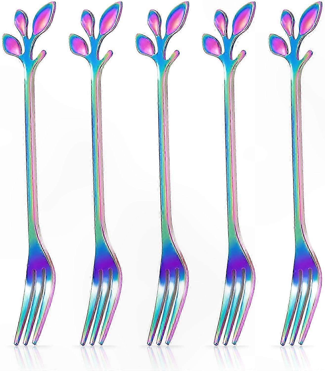 5-Piece Set of Colorful Dessert Forks, 4.7" Stainless Steel Fruit Forks with Smooth Edges, Creative Leaf Design for Parties
