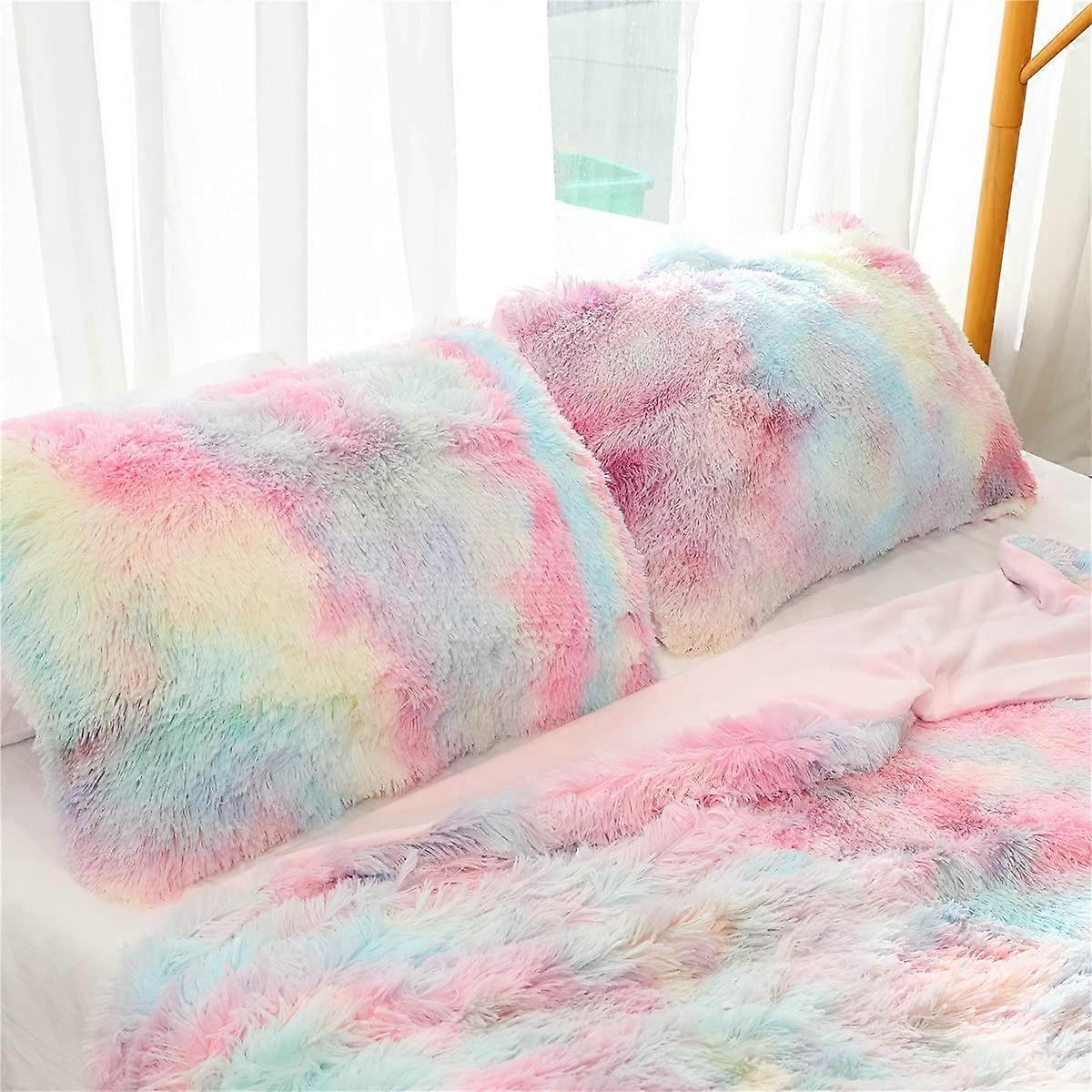 Solid Plush Pillow Case Standard/Queen Soft Faux Fur Decorative Throw Pillow Covers with Zipper in Rainbow Color