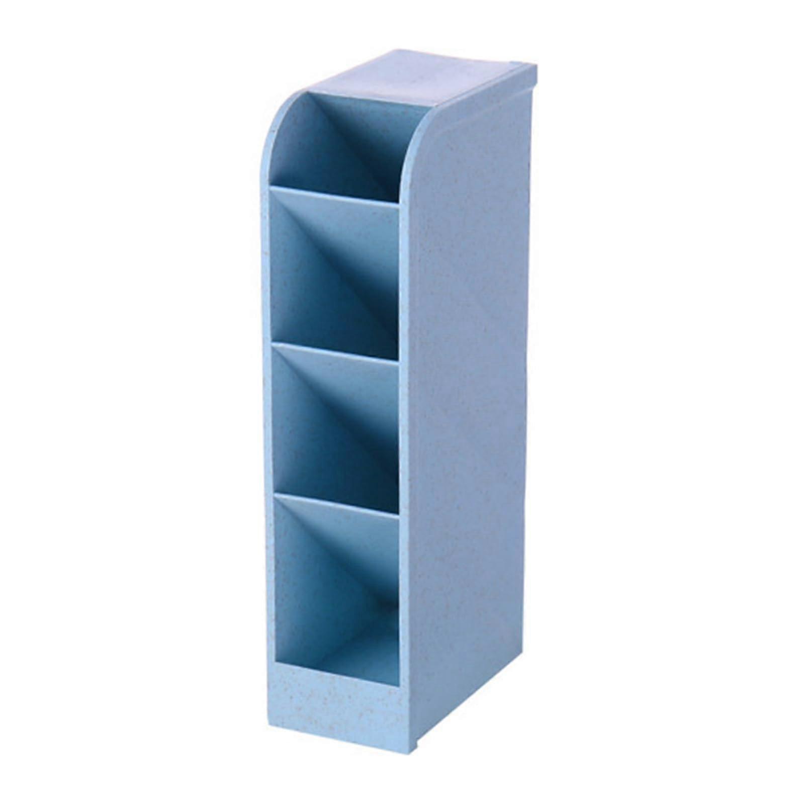 Oblique pen holder with 4 grids, plastic, multifunctional desk accessory (Blue)