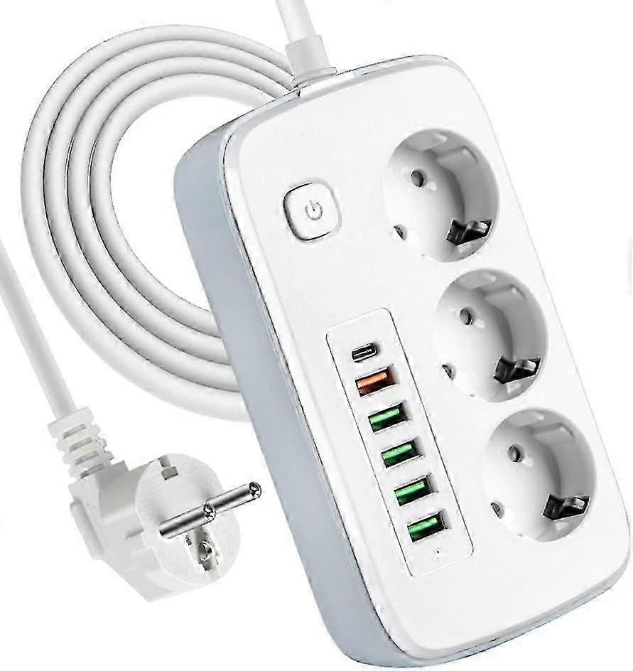 Multiprise avec USB, multiprise 3 Prises avec 5 Prises de Distribution USB et 1 USB C de Bureau avec Interrupteur, rallonge de 2 mtres, Adaptateur d