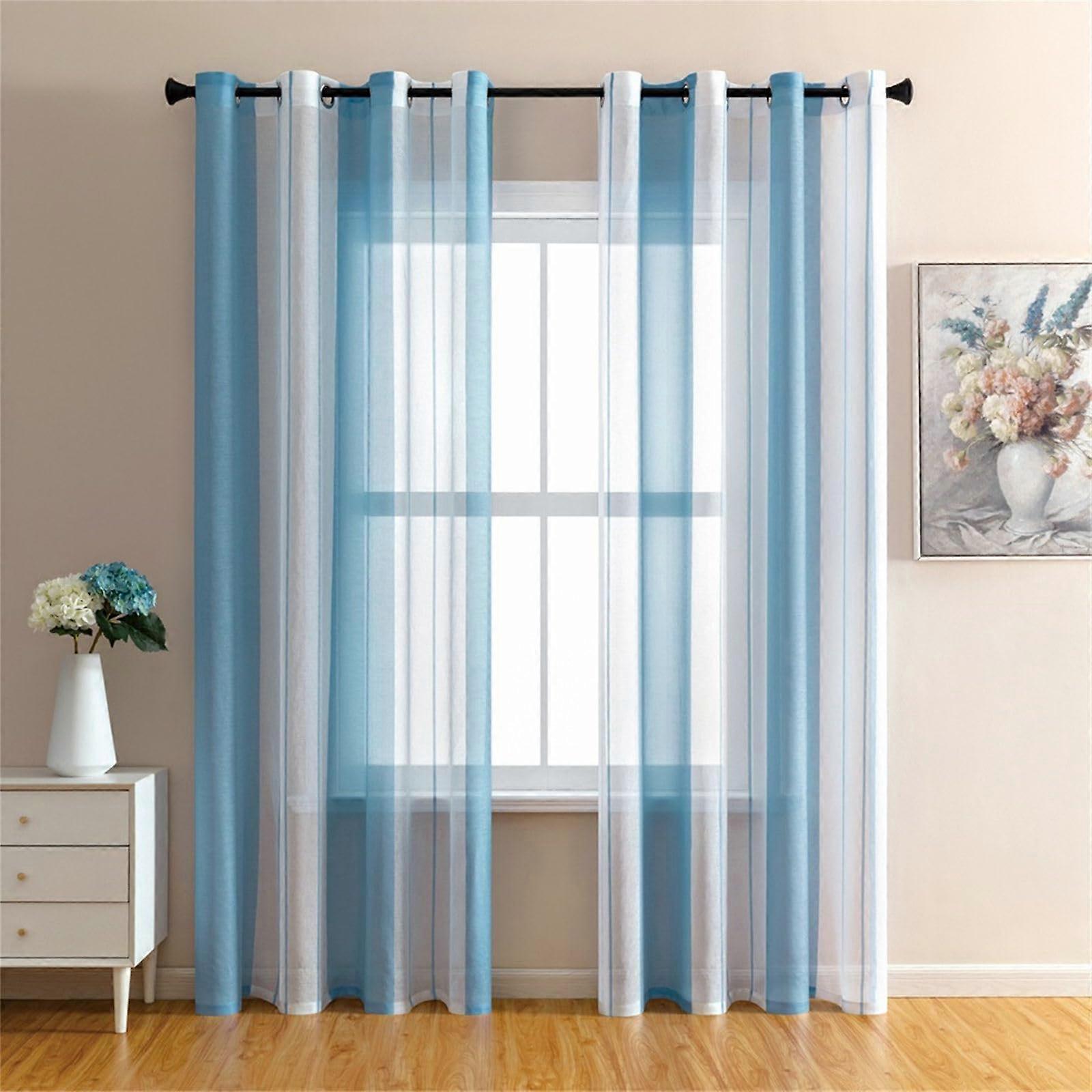 Bedroom Voile Curtains For Windows Striped Semi-Transparent 1 Panel Eyelets Light Filtering Pale Blue 140x175cm