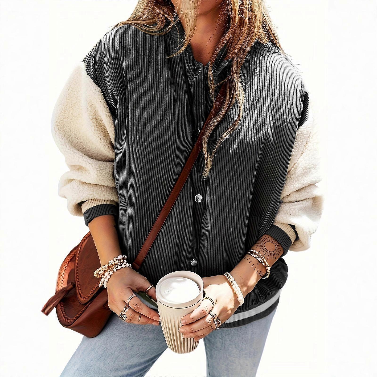 Women's Corduroy Wool Patchwork Button Jacket Colorblock Long Sleeve Stand Collar Jacket  Gray XL