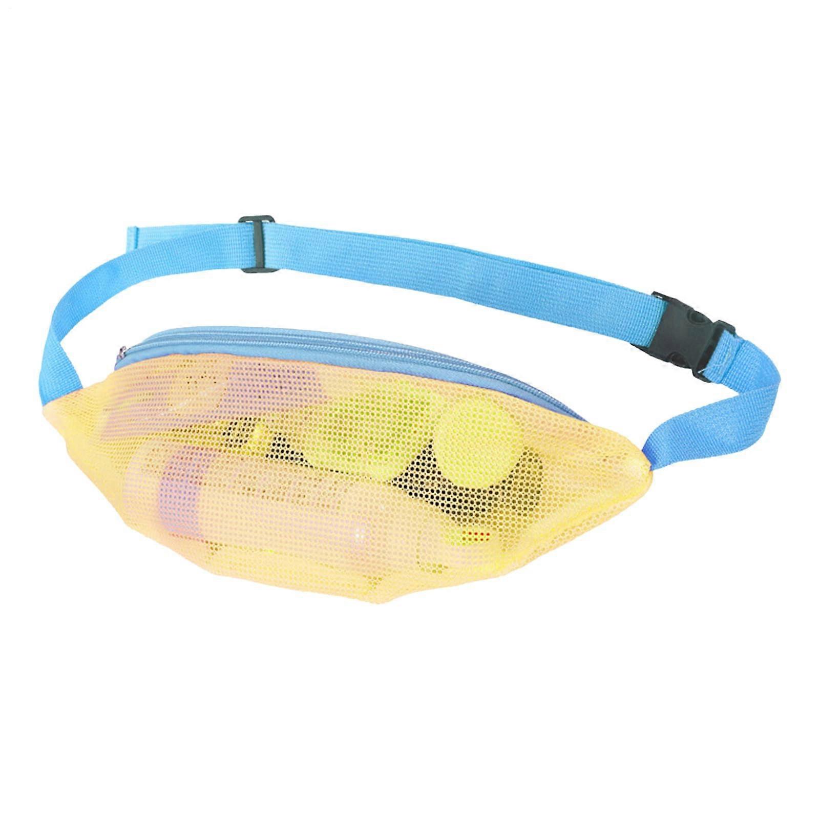 Mesh Beach Bag: Adjustable Mesh Storage, Breathable Storage, QuickDry Clamshell Carry Zipper Strap, YellowBlue Ribbon