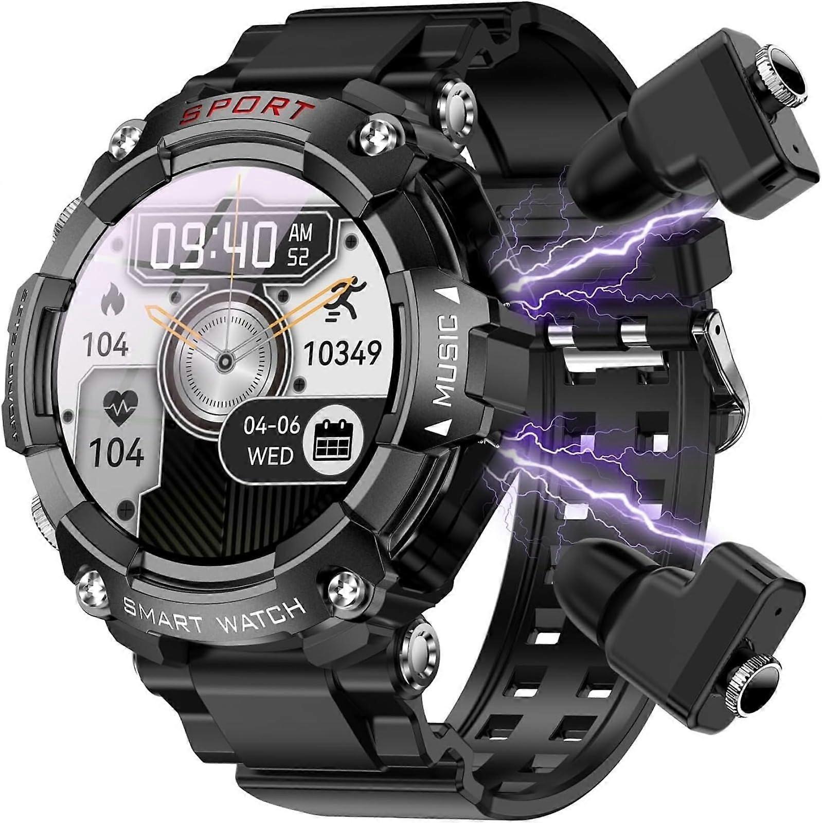 Smart Watch With Men's Earplugs, 1.52Inch Round Fitness Watch, 2In1 Bluetooth, Steps, Calories, iOS & Android, Black