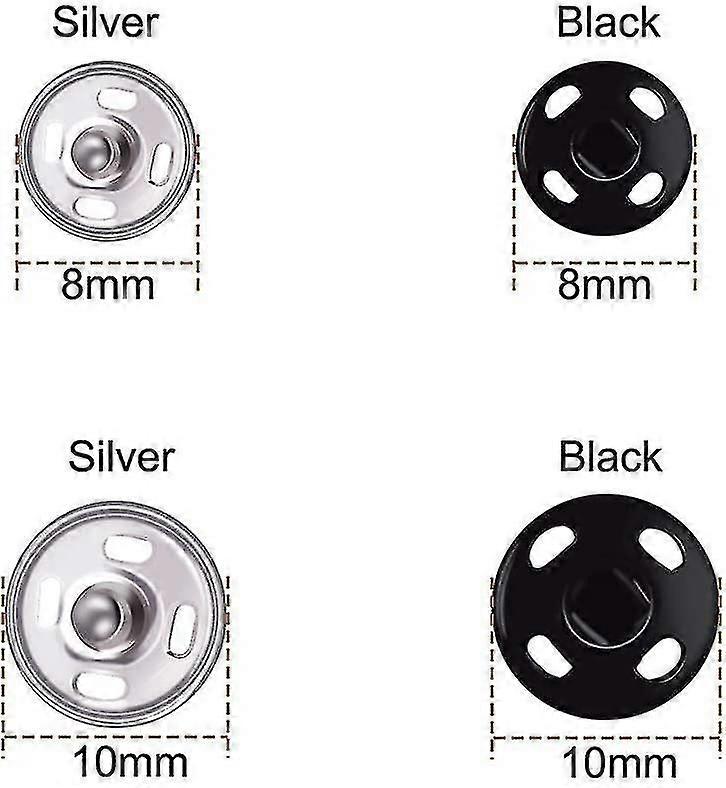 200 Sets 2 Colors Metal Sew-on Snap Fasteners 8mm And 10mm, Snap Buttons Press Studs Buttons, Black And Silver