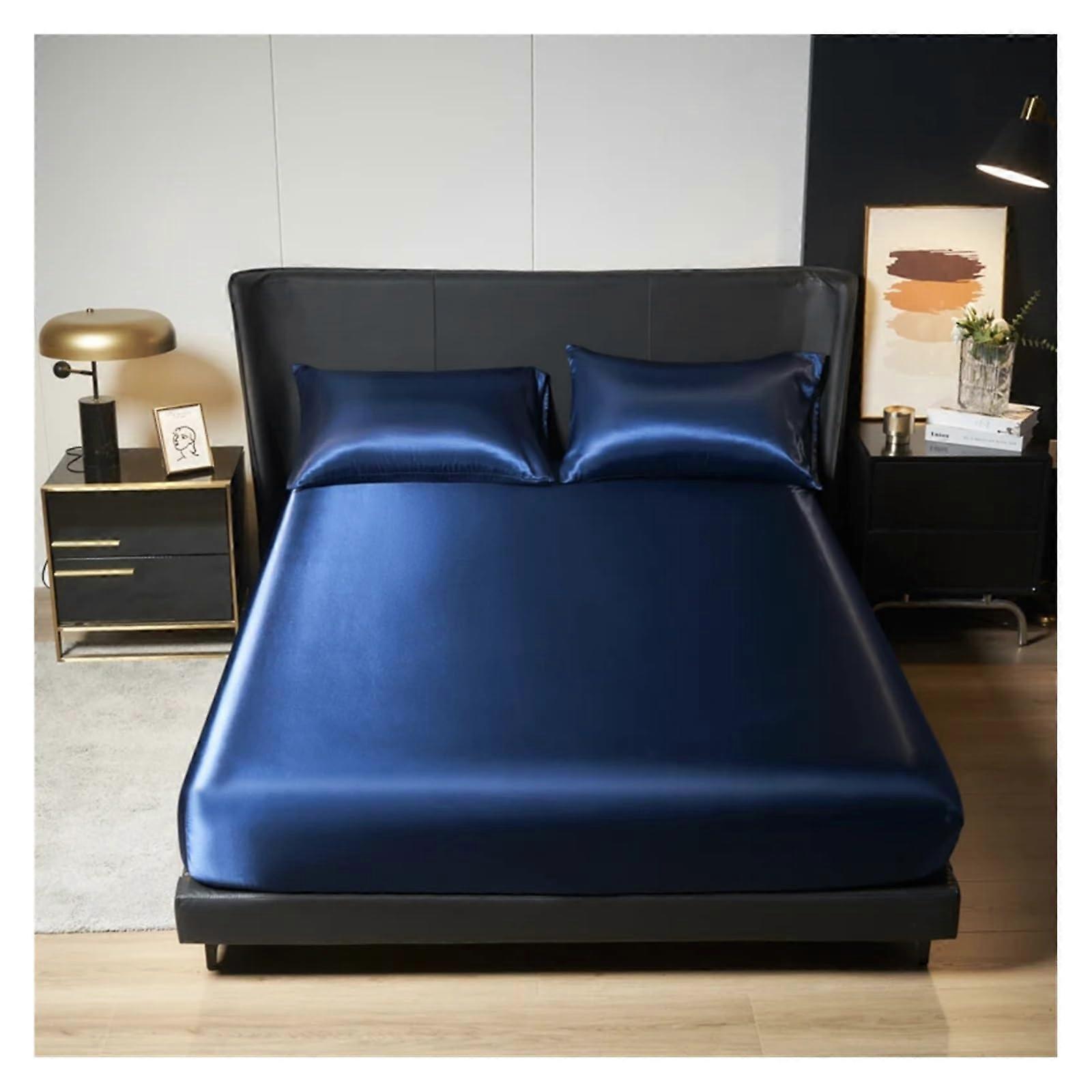 Ice Silk Bed Sheet Satin Fitted Sheet Solid Colour Blue, 1Pc, Twin/Full/Queen/King 198x203cm, With Elastic