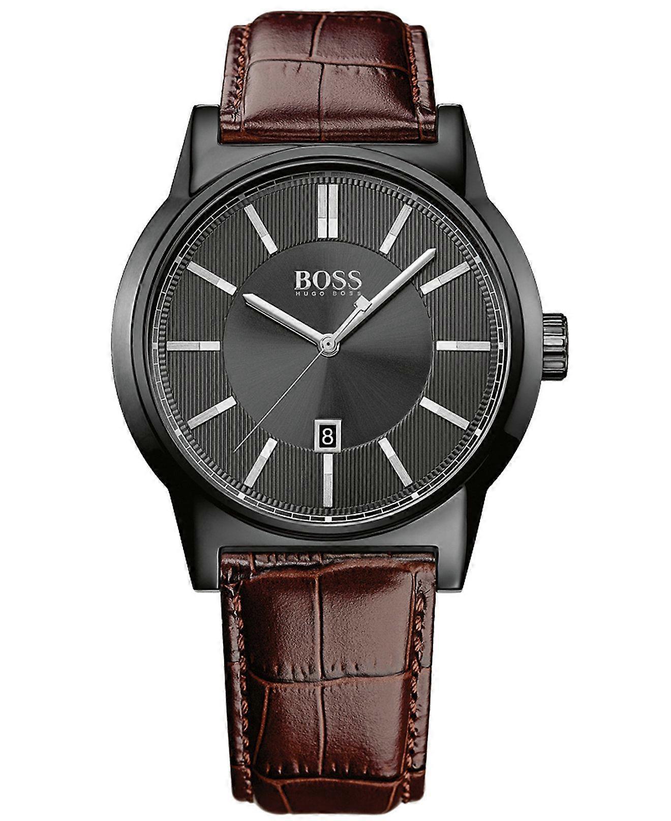 雨果老板男老板建筑棕色皮革表带手表 HB 1513071