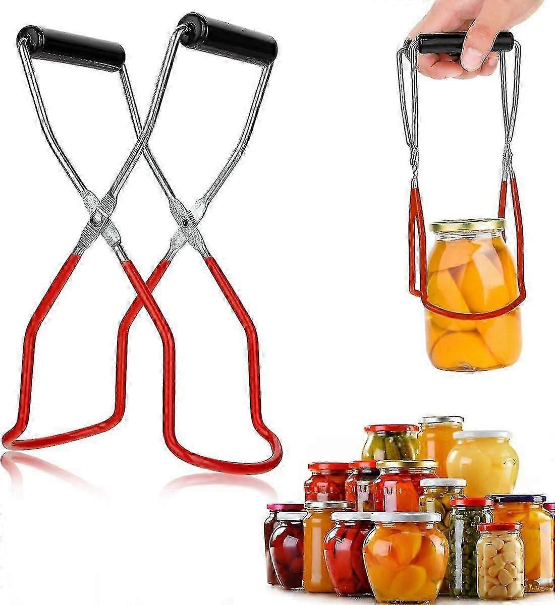 ملقط جرة ، مشبك مضاد للحروق ، ملقط جرة ، ملقط رافع برطمان تعليب من الفولاذ المقاوم للصدأ مع قبضة مقبض لبرطمانات التعليب الساخنة وبرطمانات التعليب (أحمر)