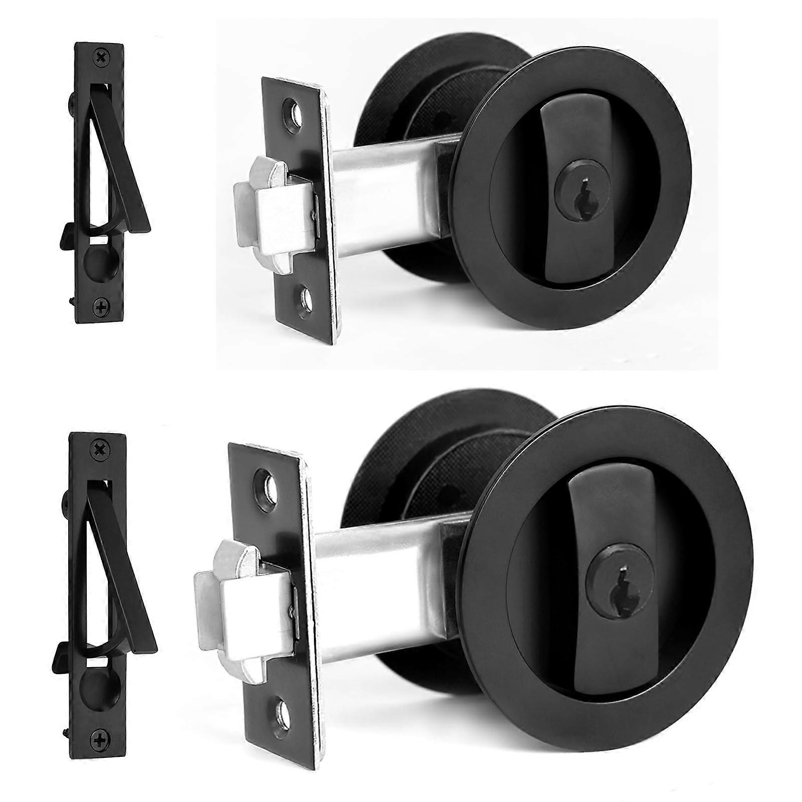 2 Pack Matte Black Pocket Door Lock with Key, FlushFit Sliding Barn Door Lock with Edge Pull