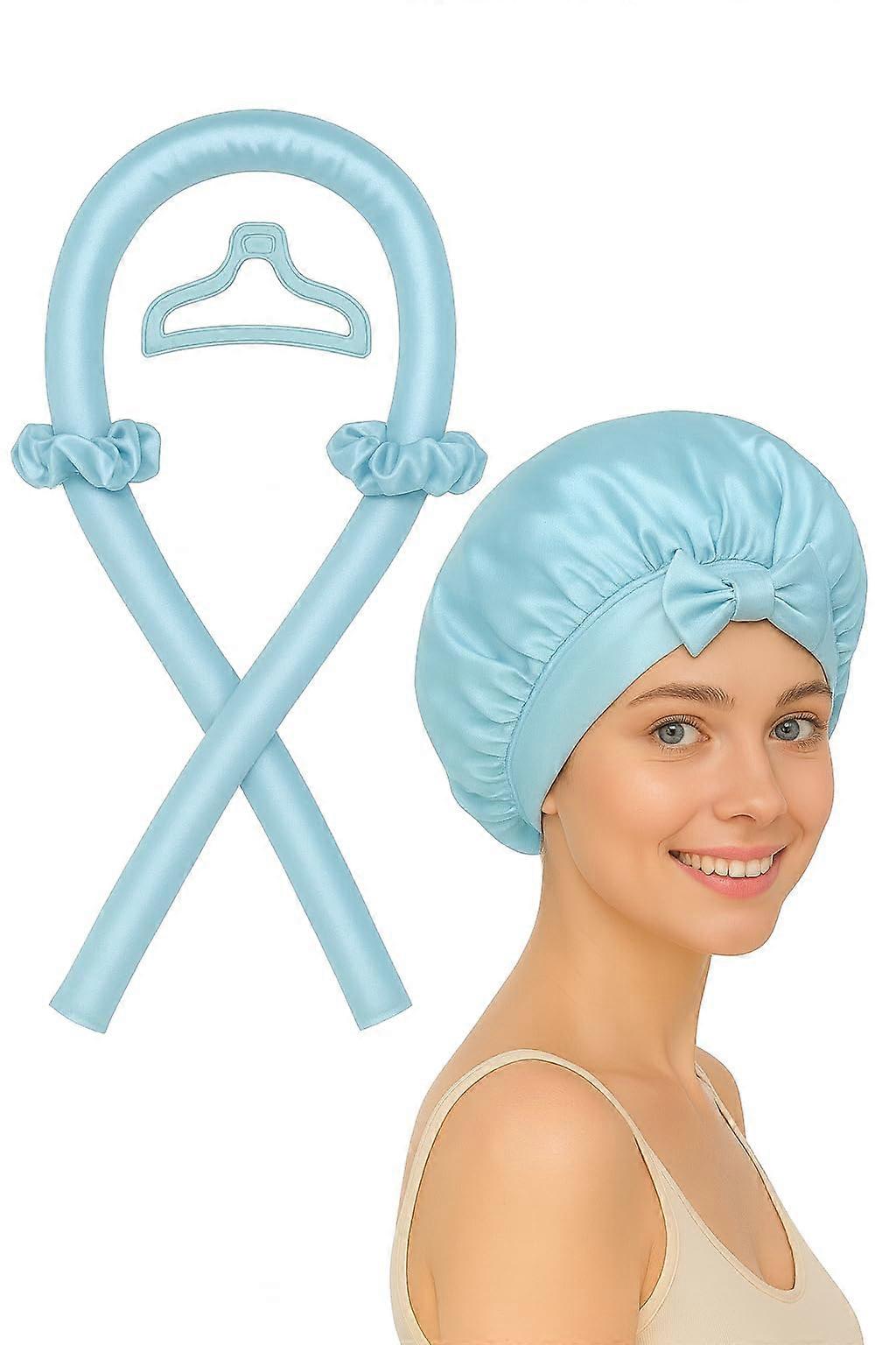 Heatless Curling Rod Set with Satin Bonnet for Overnight Curls, Soft No Heat Hair Curlers Kit Blue