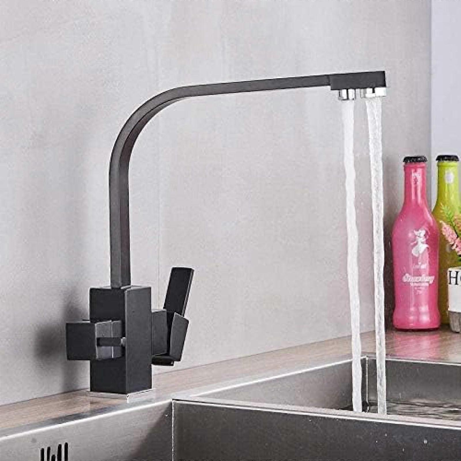 Solid Brass Kitchen Faucet with Dual Spout, 360° Rotating Mixer Tap for Water Filter System