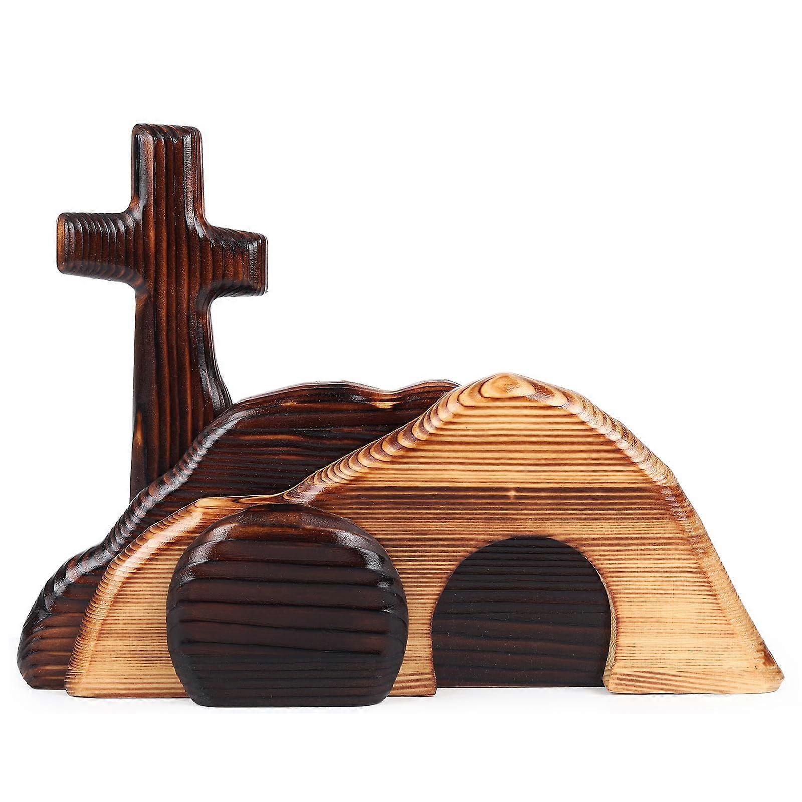 Easter Resurrection Scene Wooden Empty Tomb and Cross Christian Easter Decor Table Centerpiece
