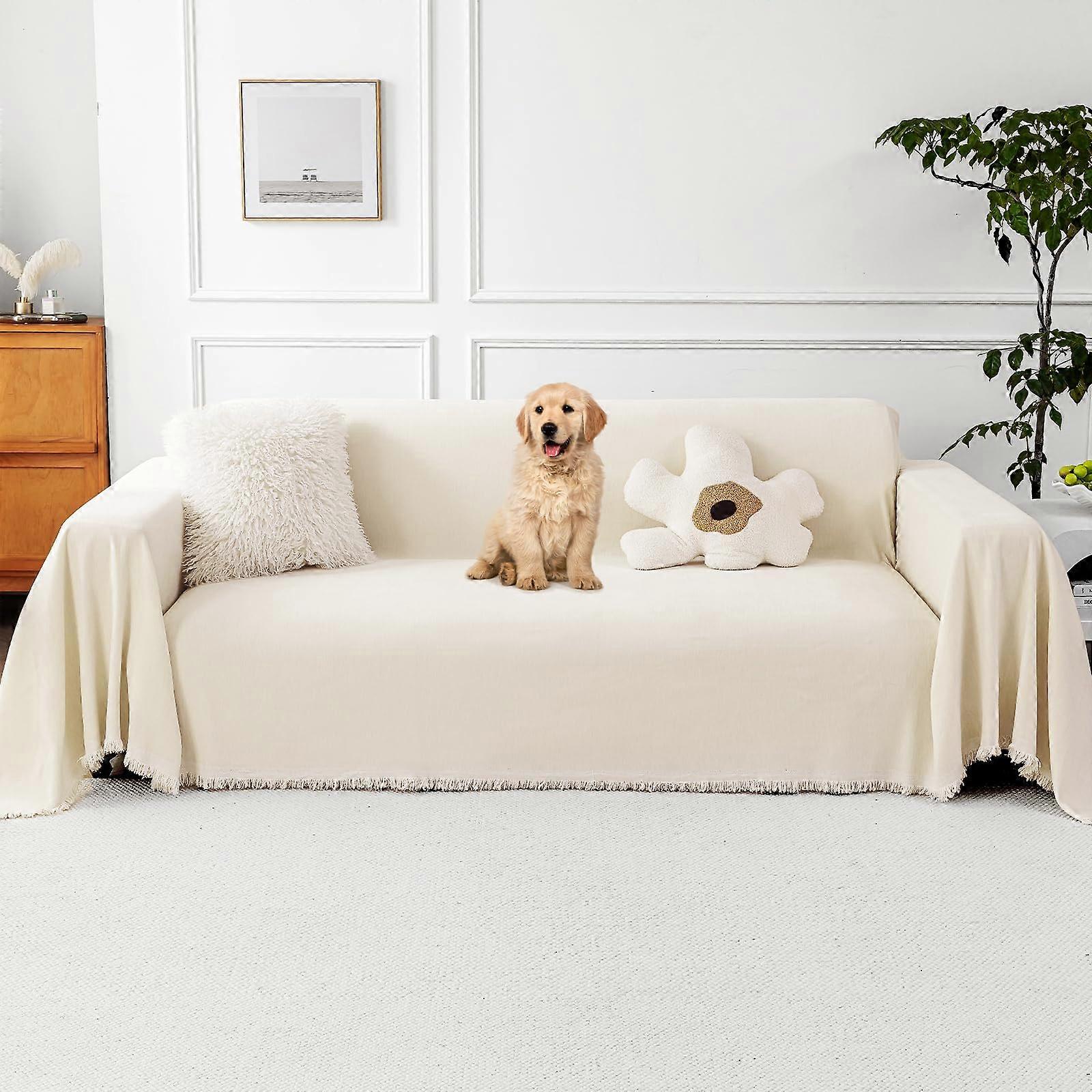 Chenille Sofa Cover for Pets Boho Tassel Couch Protector Washable Throw for 3 Cushion Beige 71x118