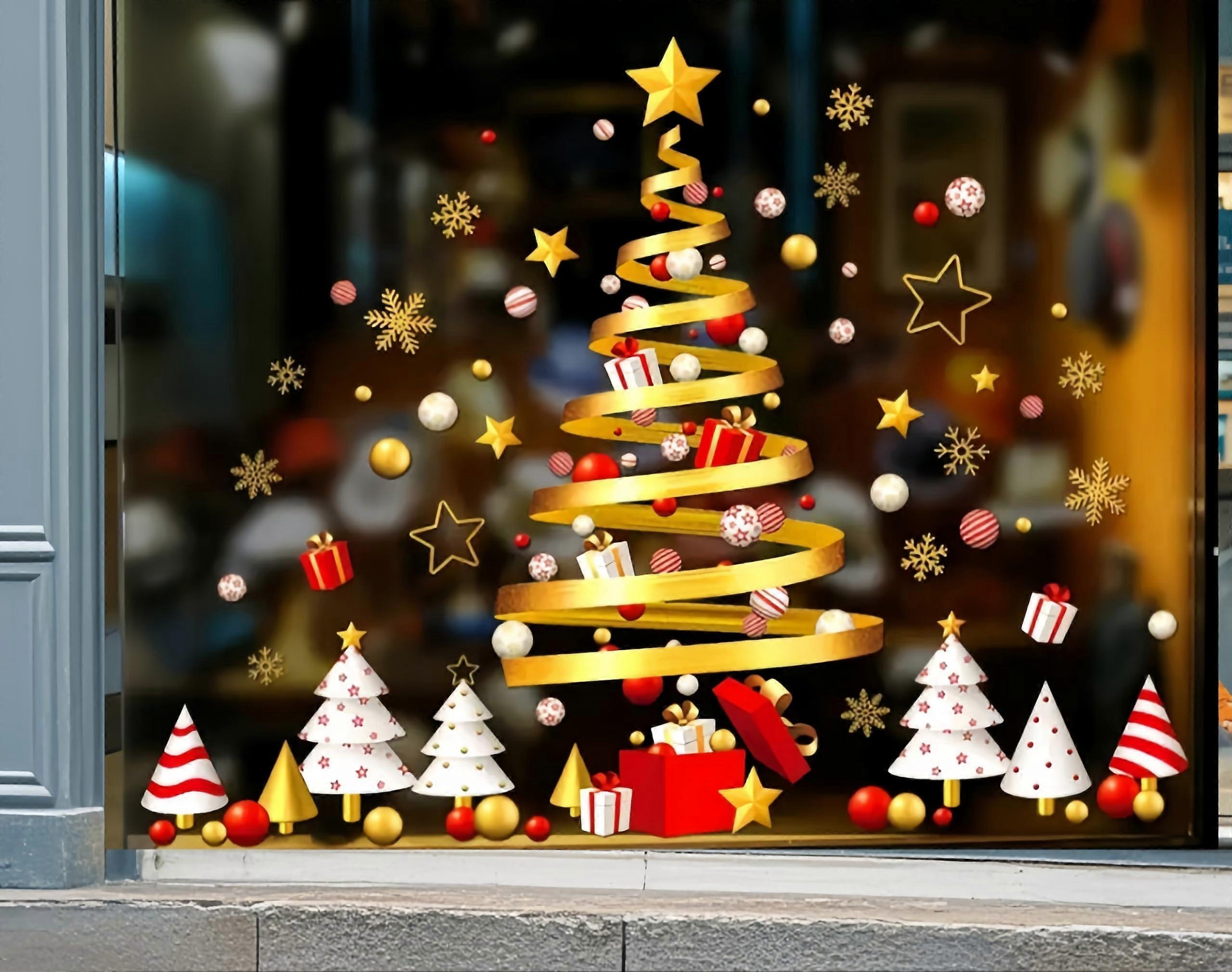 Large Golden Tree Christmas Window Clings, Reusable Static Stickers for Holiday Home and Store Decor