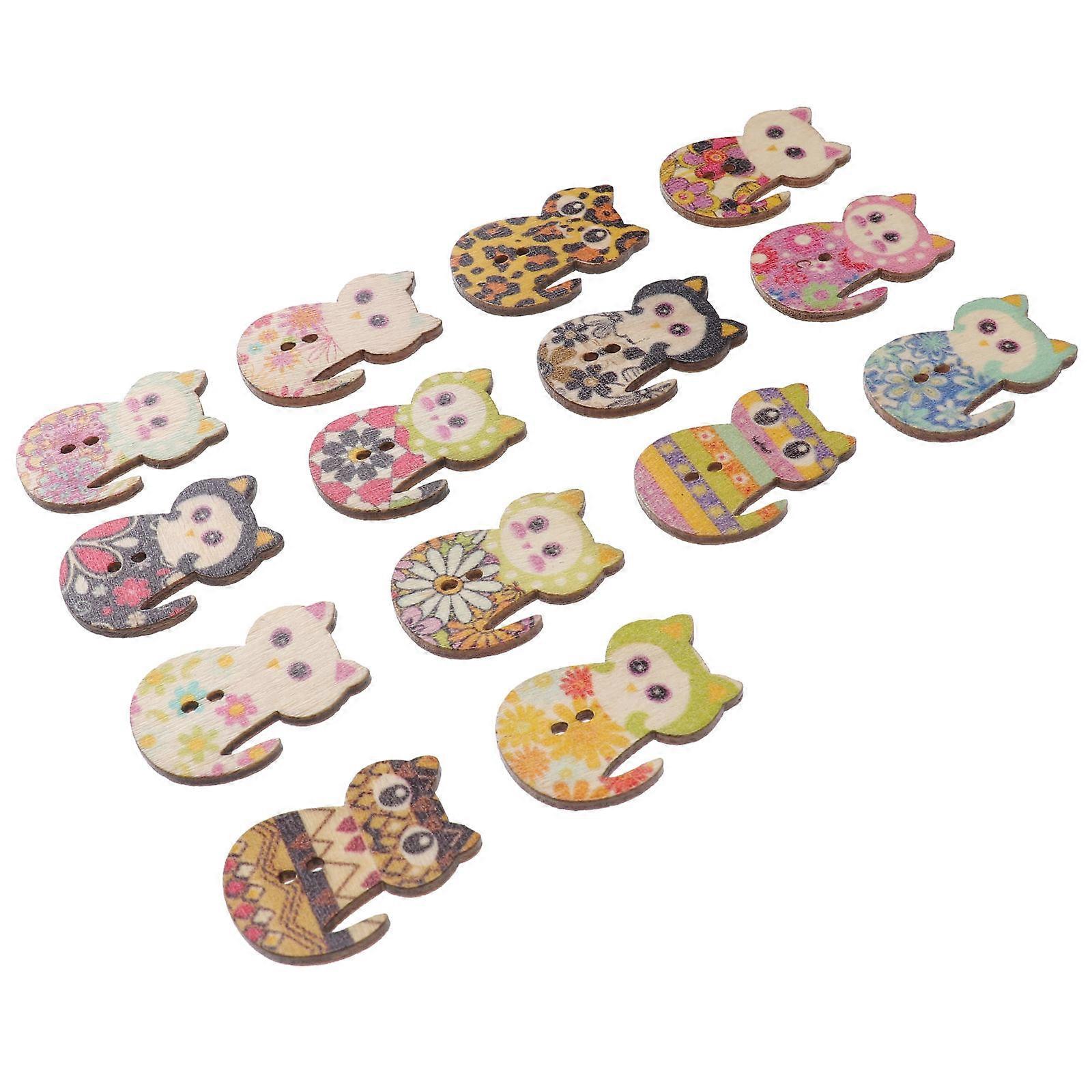 Multicolored Cat Printing Wood Buttons for Sewing Use 50Pcs Set