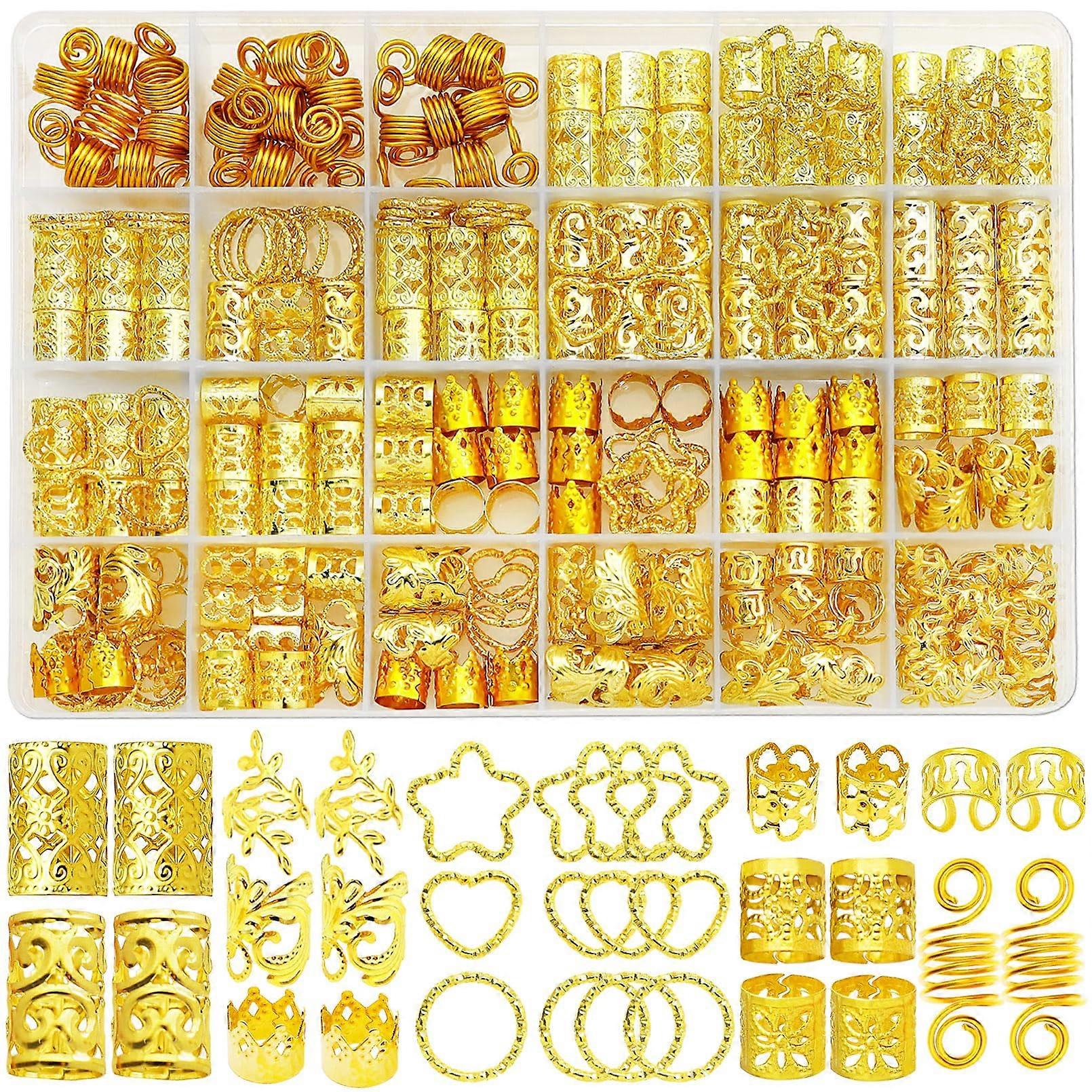 260Pcs Hair Jewelry for Braids and Dreadlock Accessories Set, Gold Metal Cuffs Rings Adjustable
