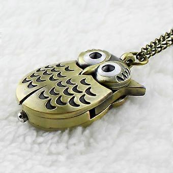 Owl Shape Pocket Watch Pendant Vintage Bronze Necklace