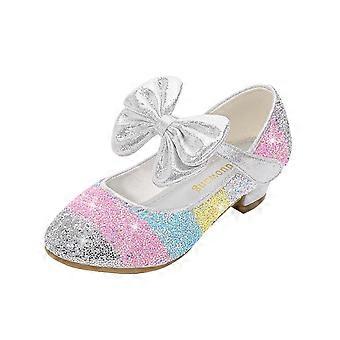 Sapatos de princesa com laço de lantejoulas para meninas, bico redondo, cristais e sola macia, sapatos de festa e dança para crianças, calçado para celebrações de feriados (prateado, 13 anos)