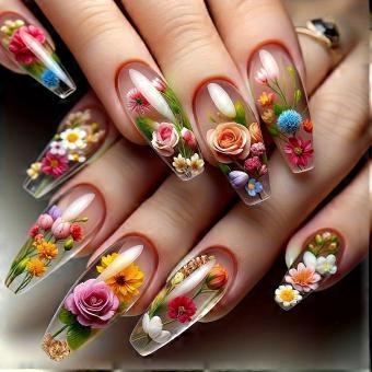 24Pcs Press on Nails Medium Length with Dried Flower Designs, Glossy Ballet Coffin Fake Nails Glue on Nail Tips Floral Manicure for Women
