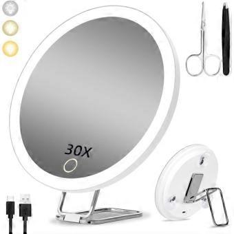 30x magnifying mirror 15 cm, 3 lighting modes, suction cups, 360 rotating stand
