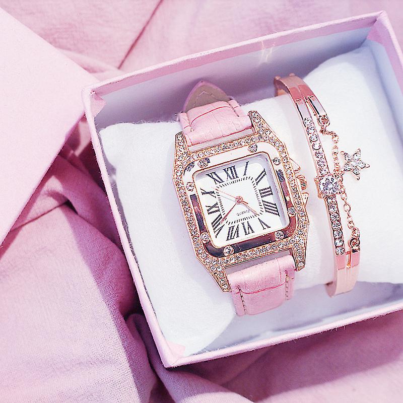 Kvartsklockor för kvinnor Analog Diamond Watch Starry Square Dial Armbandssats Damer Läderband Armband Kvinna Klocka
