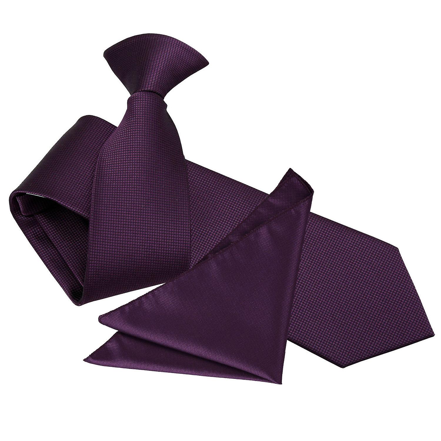 Cadbury Purple Solid Check Clip On Slim Tie and Pocket Square Set