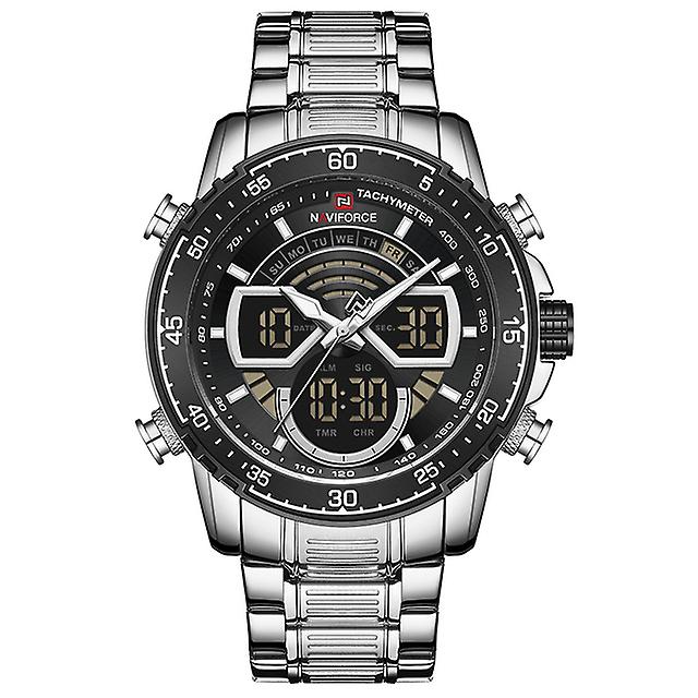 Naviforce גברים שעונים ספורט כרונוגרף דיגיטלי נירוסטה עמיד למים קוורץ שעון יד led