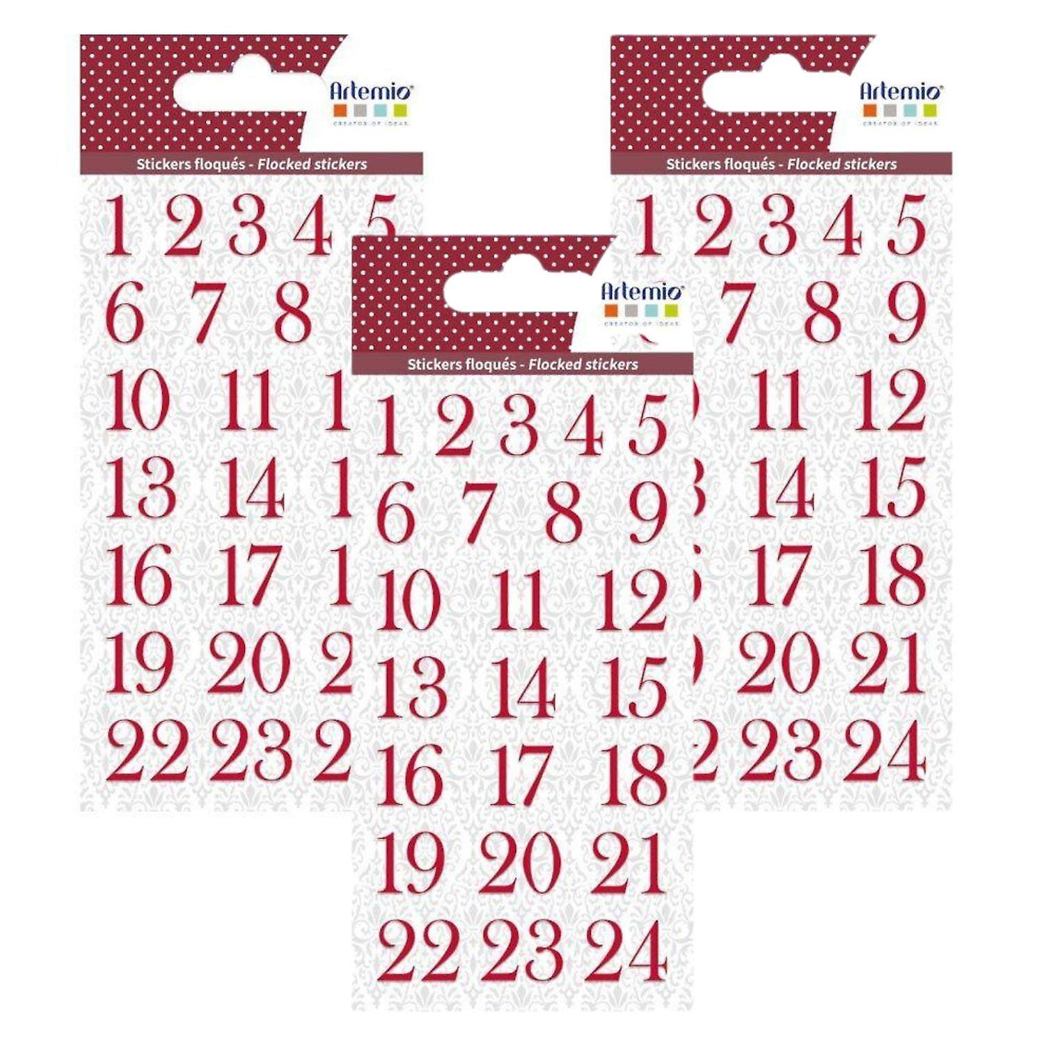 3 sheets of red flocked number stickers for the Advent Calendar
