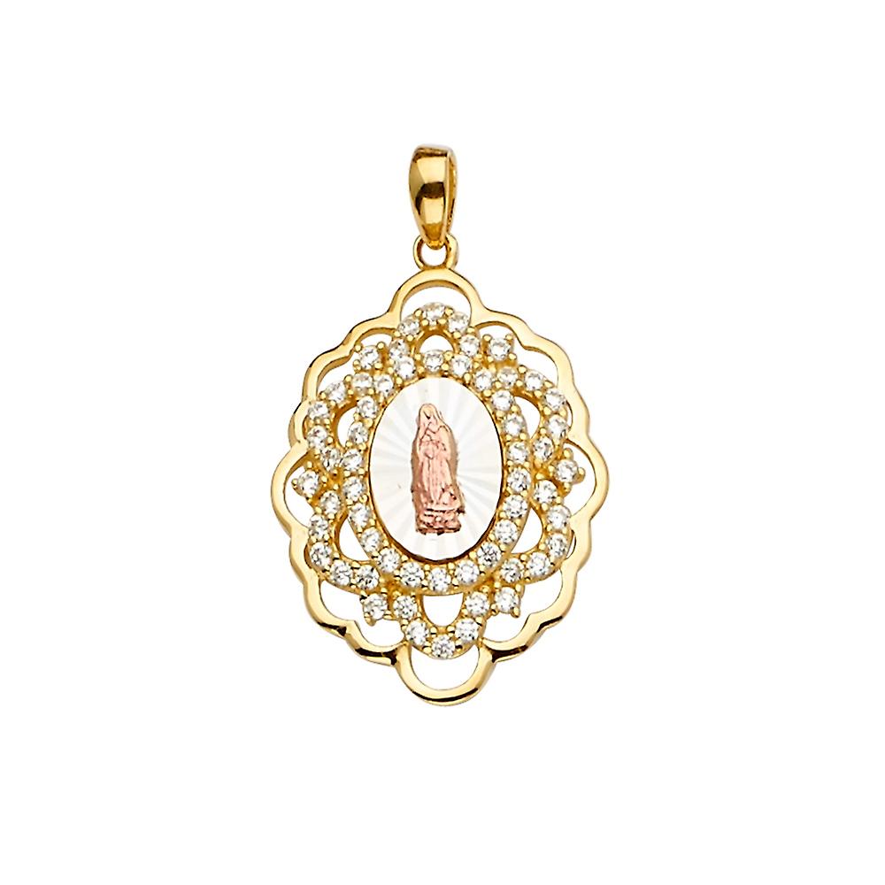 14k Yellow Gold White Gold and Rose Gold Cubic Zirconia Guadalupe Medal Pendant Necklace 18x30mm-Pendant for Women