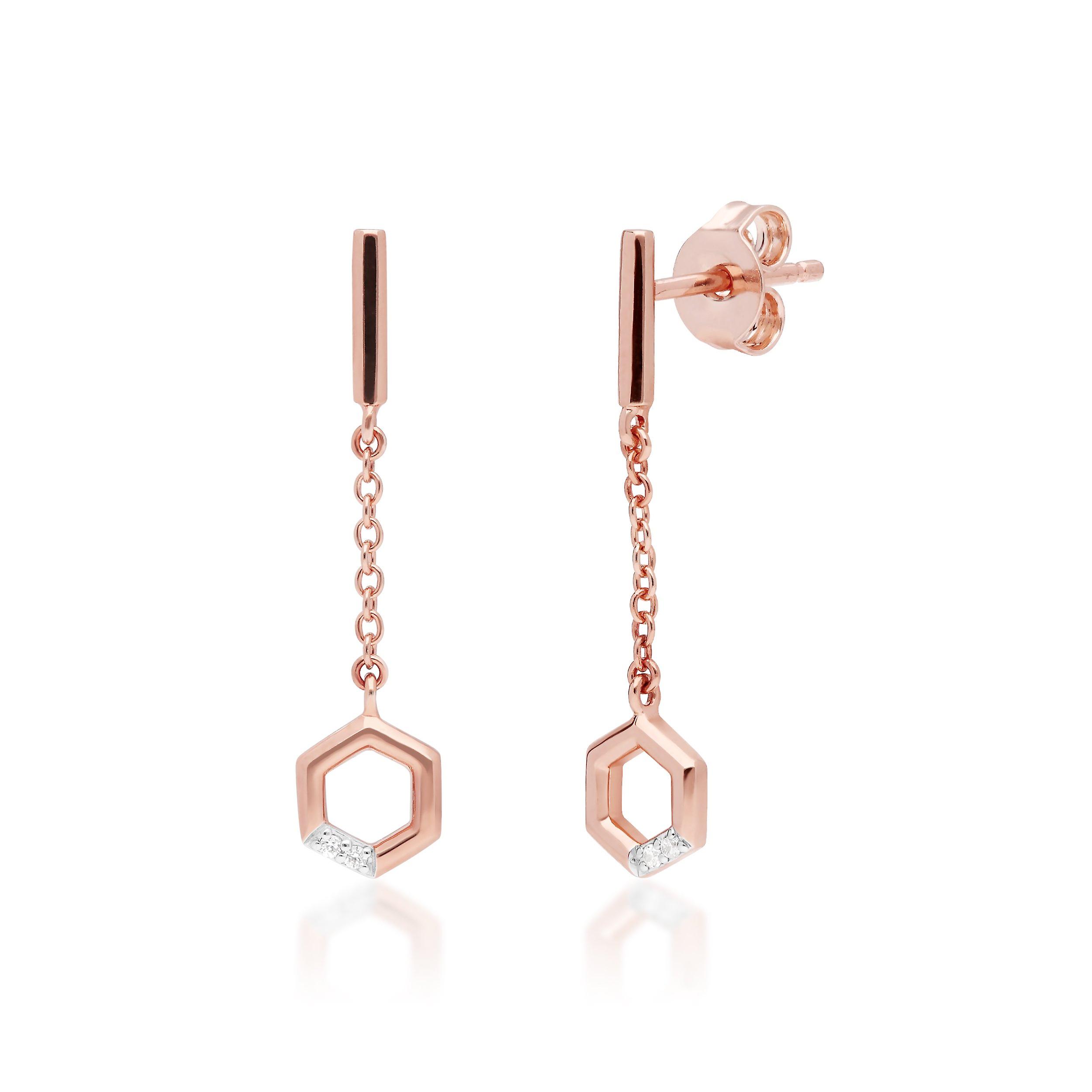 Diamond Pave Hexagon Dangle Drop Chain Earrings in 9ct Rose Gold 191E0404019