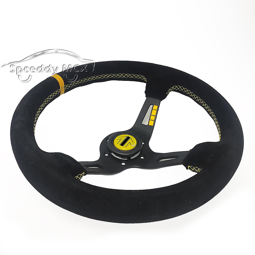 13 אינץ '14 אינץ '335 מ"מ רכב ספורט צלחת עמוקה זמש הגה צהוב בסגנון יפן הגה ~ 14347