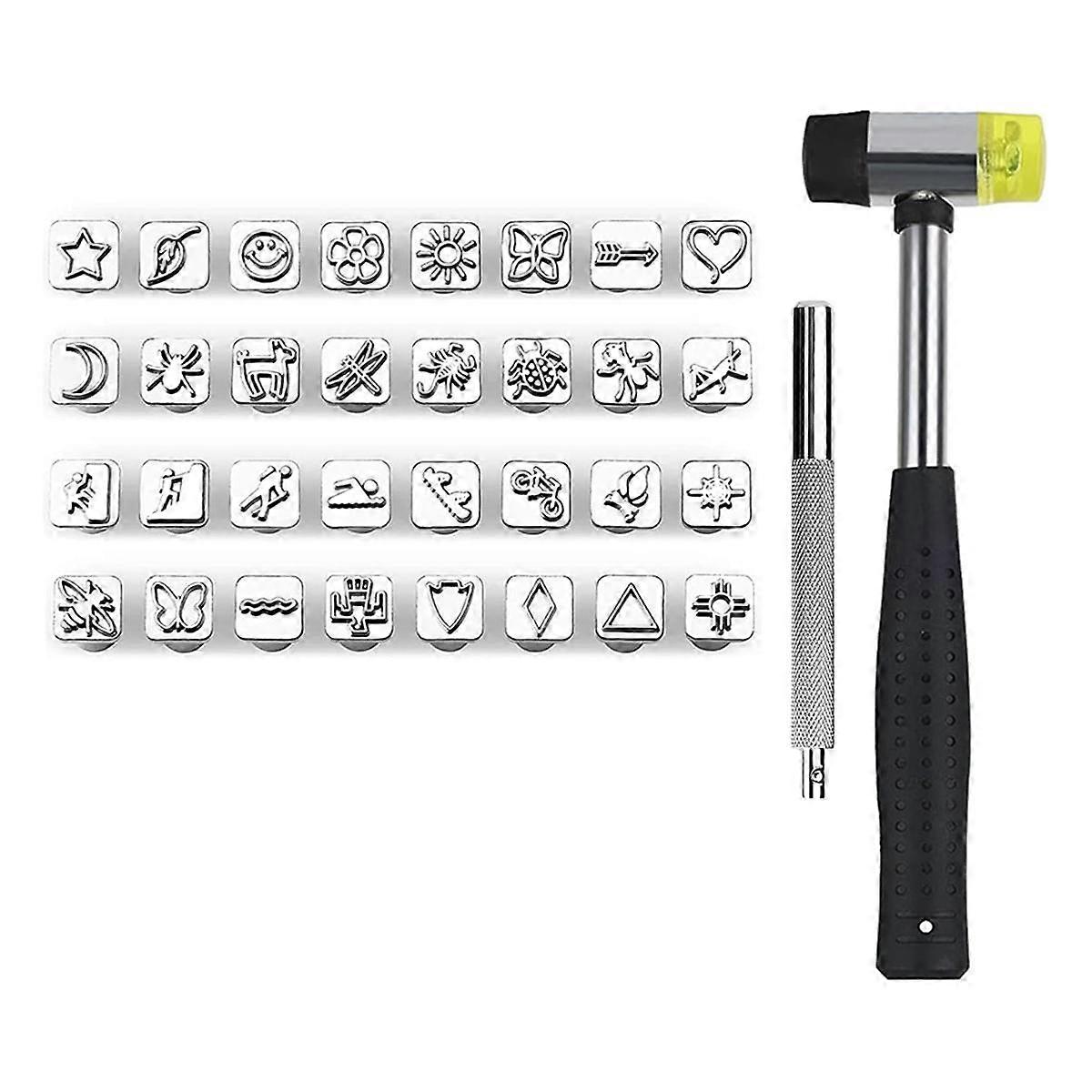 34 قطعة أدوات ختم الجلود ، أدوات صياغة الجلود مع 32 قطعة شكل مختلف ، 1 مطرقة مطاطية