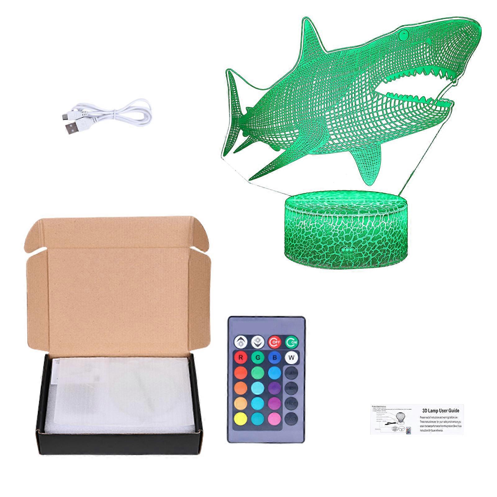 LED Night Lamp with Remote Control 3D Shark Visual Effect Design Dimmable Flicker Free Multiple Lighting Colors Table Lamp Party Decoration