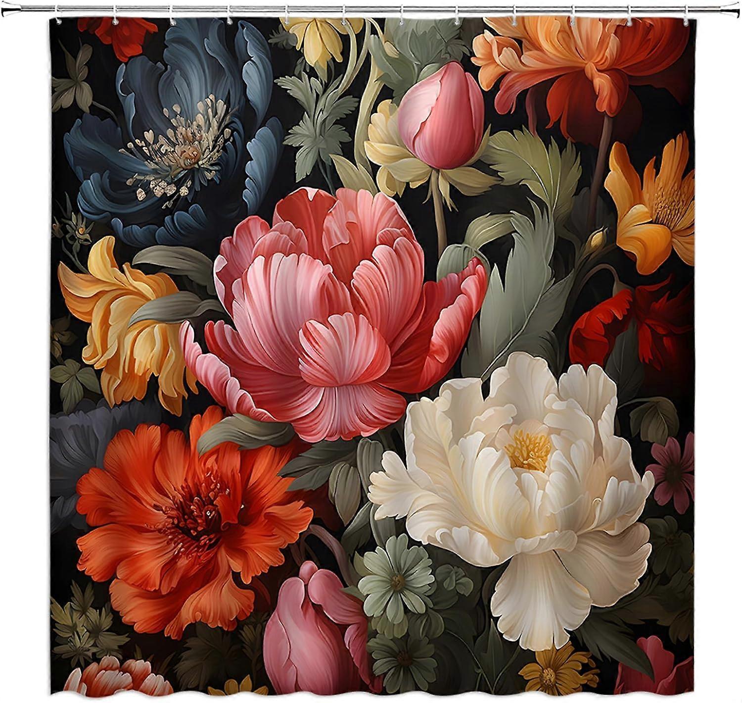 ブラックボヘミアンフローラルシャワーカーテンユニークなレトロに咲く花の葉水彩ビンテージ背景アート印刷生地バスルームの装飾フック付きセット(