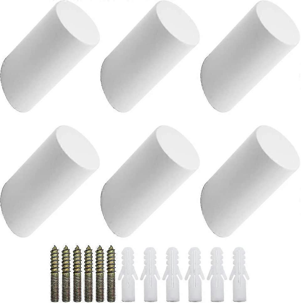 Set Of 6 Beech Wood Wall Hooks 3x6cm Cylinder Wall Coat Hook Decorative White Hook For Coat Hat Scarf Bag Towel - Maximum Load 15kg