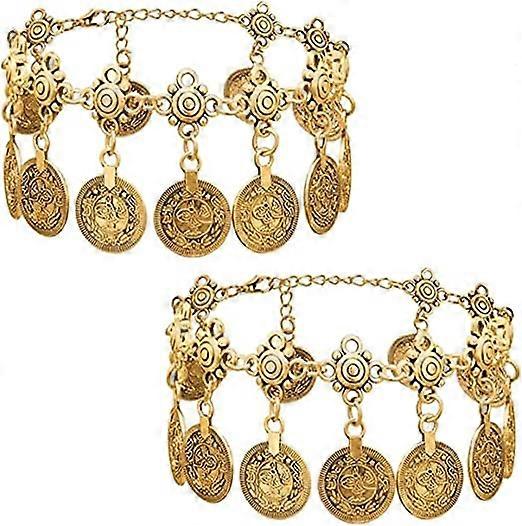 2PCS women's beach anklet (gold) tribal coins tassel gypsy anklet adjustable bohemian anklet jewelry