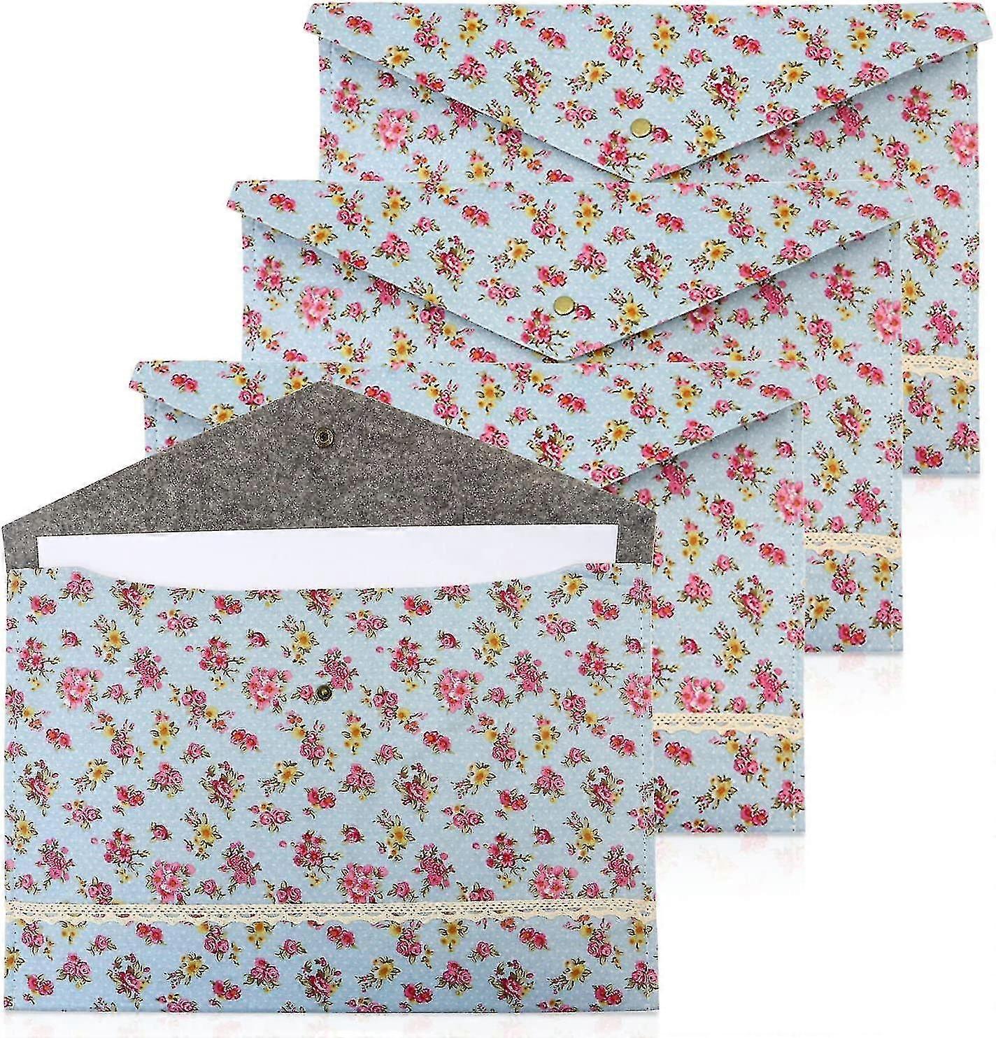 4 Pack Floral File Envelopes With Snap Closure, Decorative A4 Felt Folder, Pretty File Fol