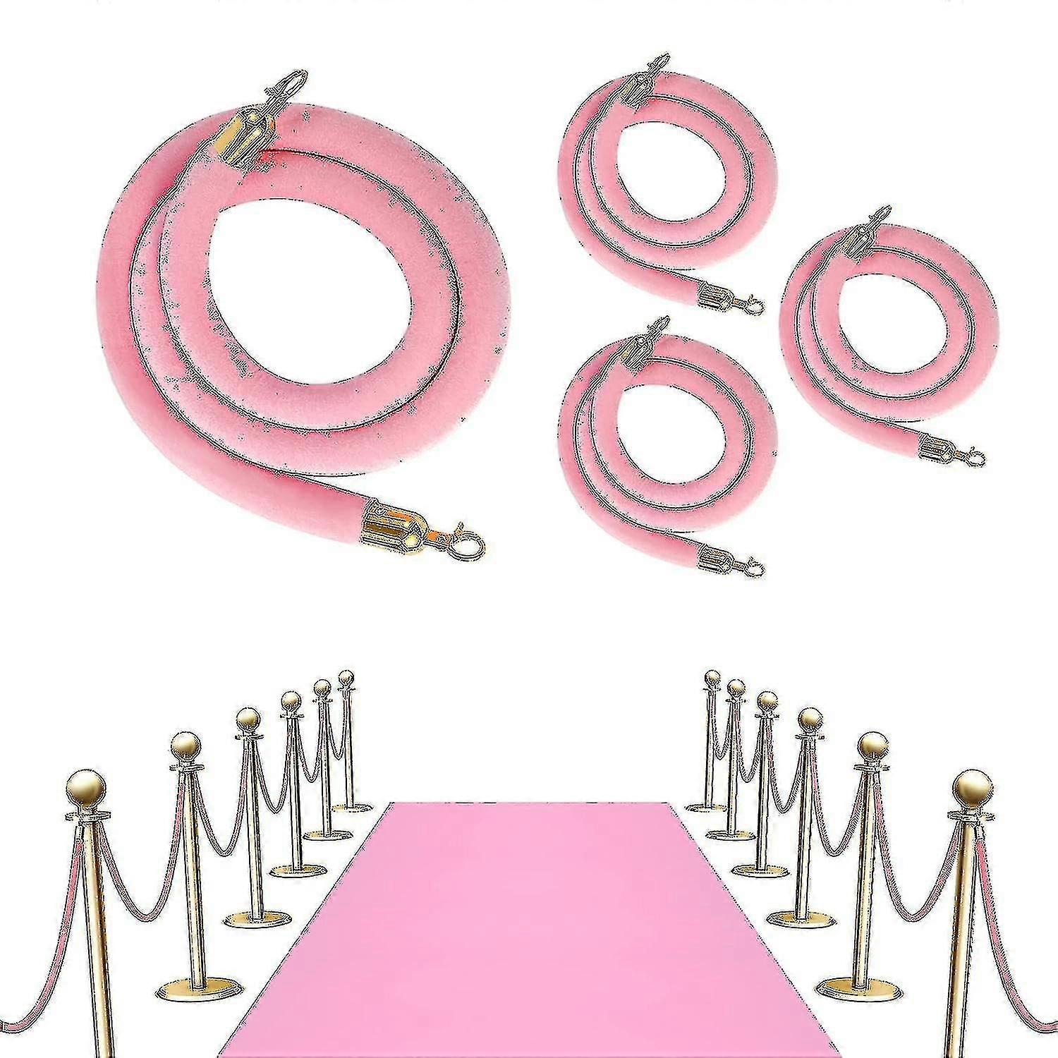 4 قطع الوردي المخملية الدعامة 6.4ft حبل مخملي، حوامل السيطرة على الحشود حاجز مع السنانير الذهب المصقول، سميكة الدعامة طابور حاجز حبل