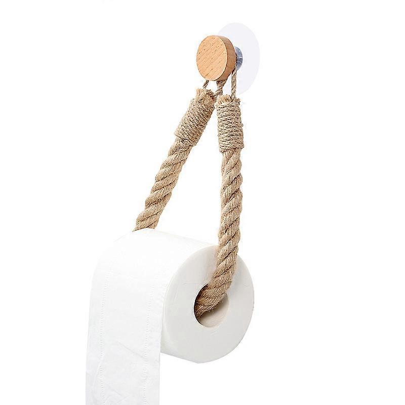 Hemp Rope Tissue Holder Hole-Free Wall Hanging Cotton String Hemp Rope Tissue Holder Solid Wood Combination Roll Paper Holder
