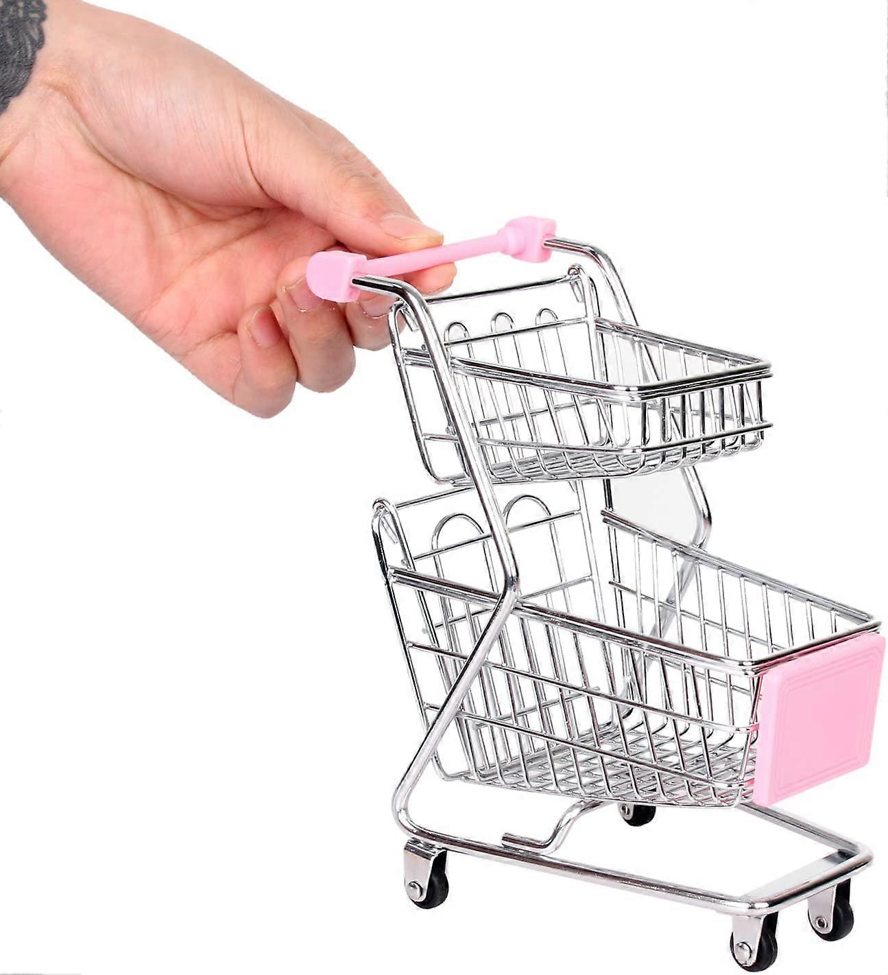 ミニショッピングカート、ミニスーパーマーケットショッピングカート、金属製二重層トロリー玩具、デスクトップ収納ショッピングカートモデルデコレーション(ピンクのおもちゃショッピング)