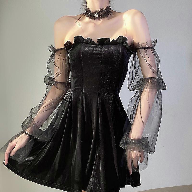 gothic off shoulder lantern mesh sleeve mini dress Black Ruffled Strap Mesh Lantern Sleeves High Waisted Irregular Hem Gothic Lolita OP Dress LolitaInside
