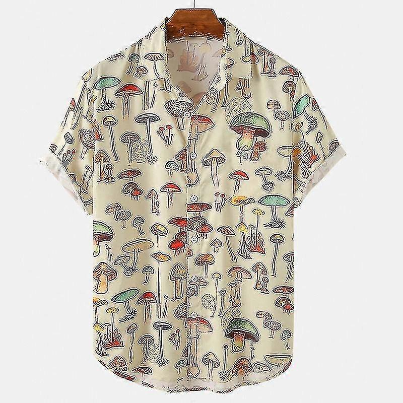 Été Homme Chemise Hawaïenne Revers Manches Courtes Élément Coloré Champignon Bouton Tendance Casual Tops-ykc