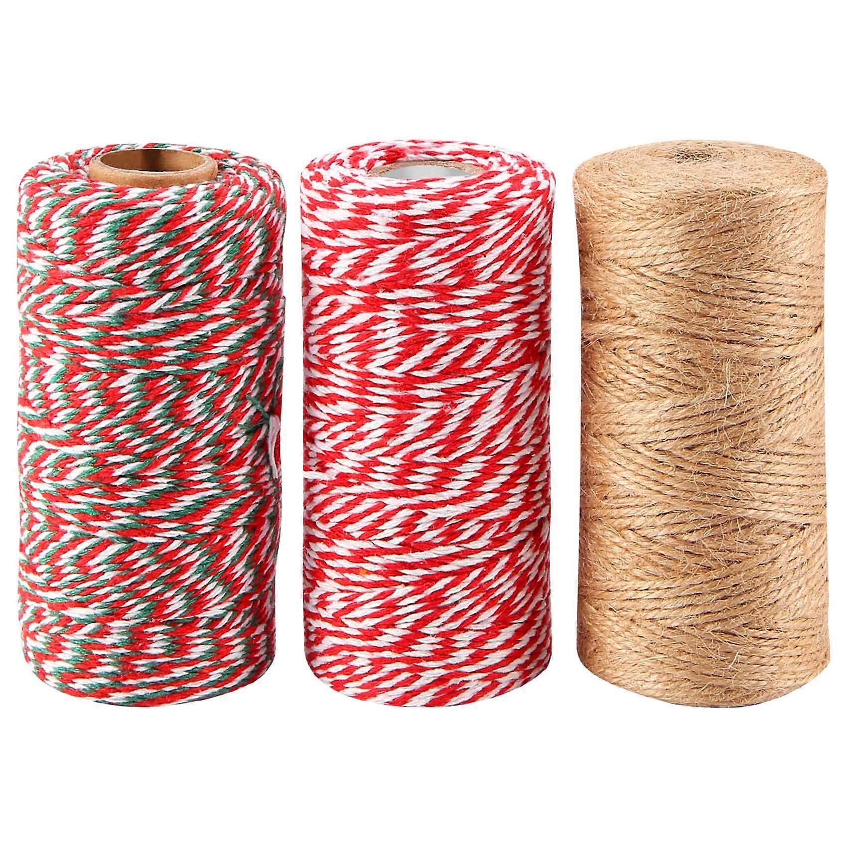 3 Rolls 100M Christmas Twine Cotton Gift Wrapping Twine Arts Crafts Twine for Holiday Gift Wrap Xma