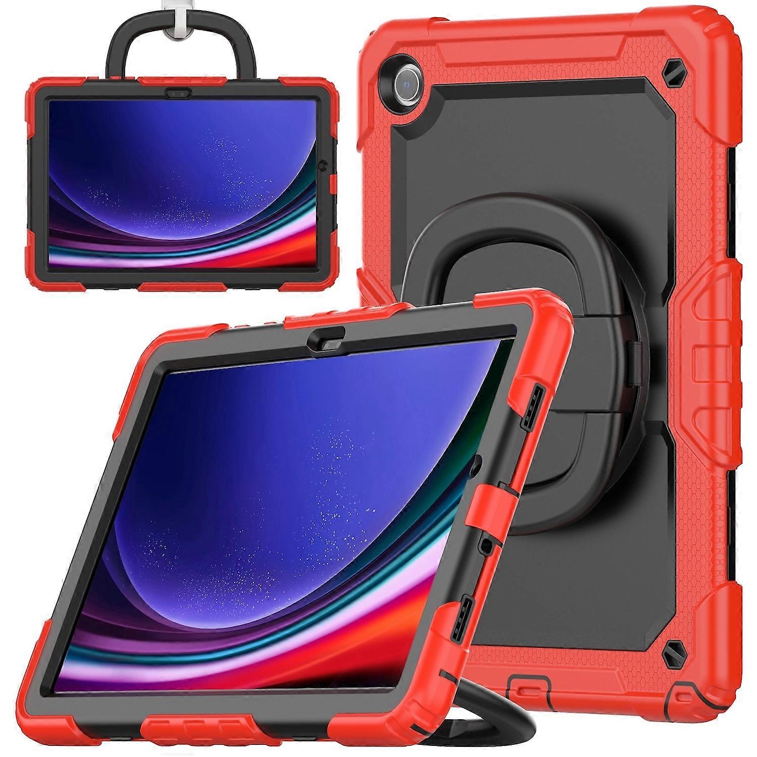 For Samsung Galaxy Tab A9 Plus foldable outdoor hybrid 360 degree case with shoulder strap black / red