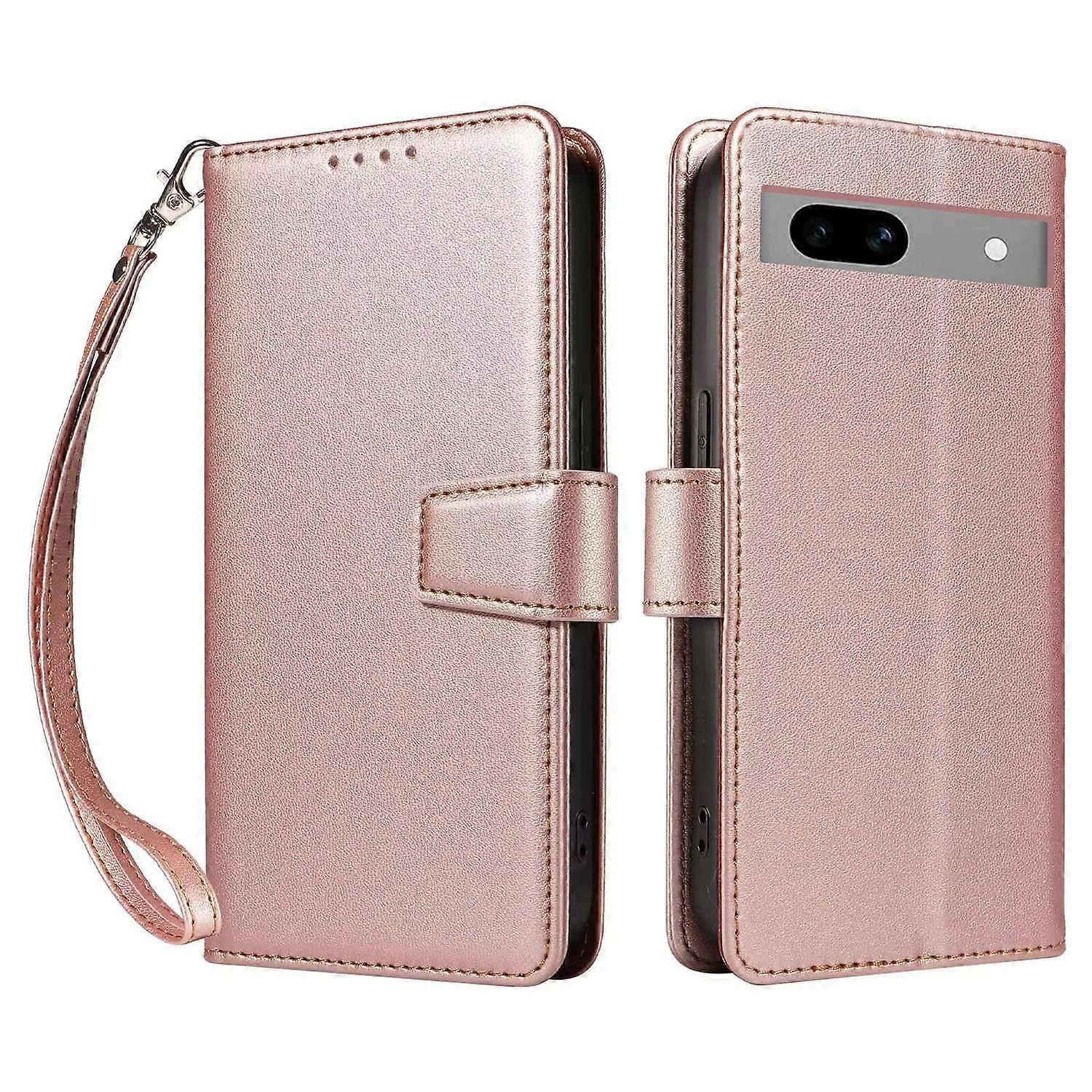 For Google Pixel 7a Case RFID Blocking Leather Wallet Flip Phone Cover with Wrist Strap-Rose Gold