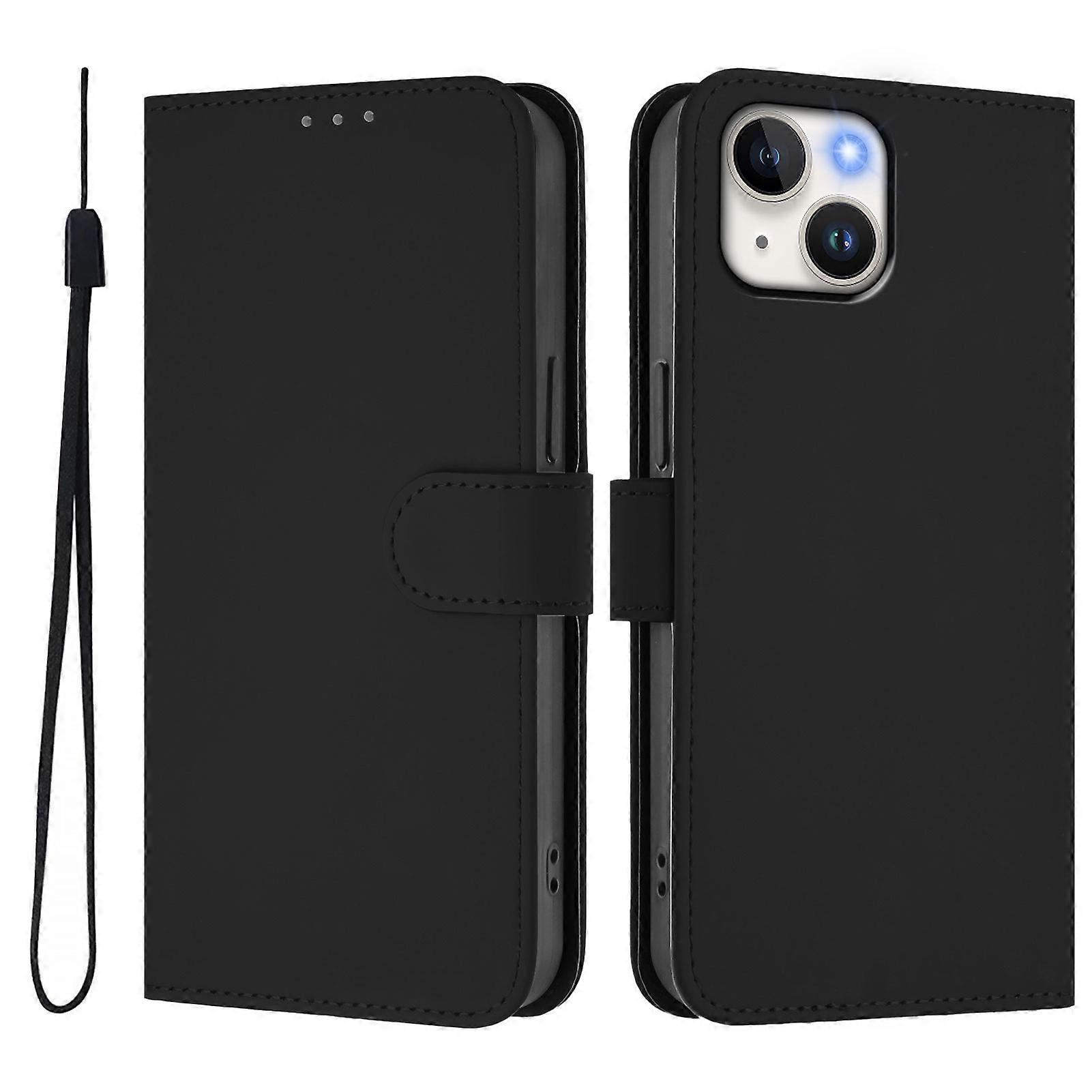 Compatible For iPhone 15 Case Solid Color Wallet Leather Phone Cover with Strap
