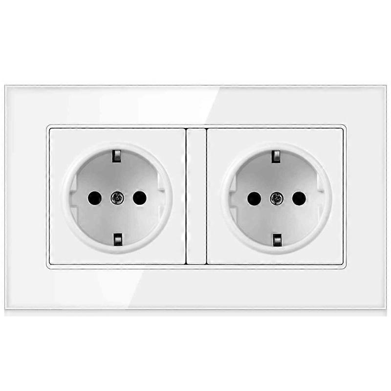 EU Two-slot Electrical Outlet Socket 110V~250V White Glass Panel German Wall Double Plug Power Socket 146*86mm