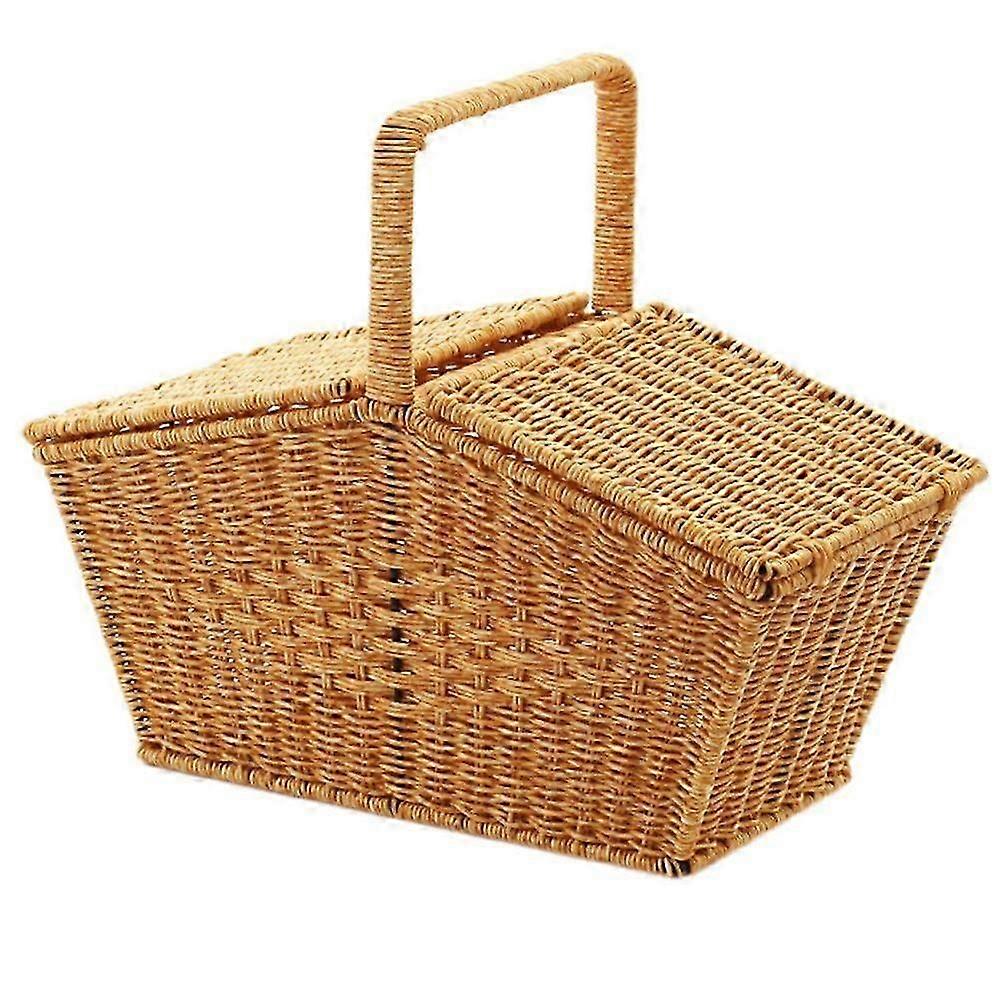 Pastoral Style Hand Basket with Lid Imitation Rattan Woven Picnic Basket Fruit Snacks Sundries Storage Basket A