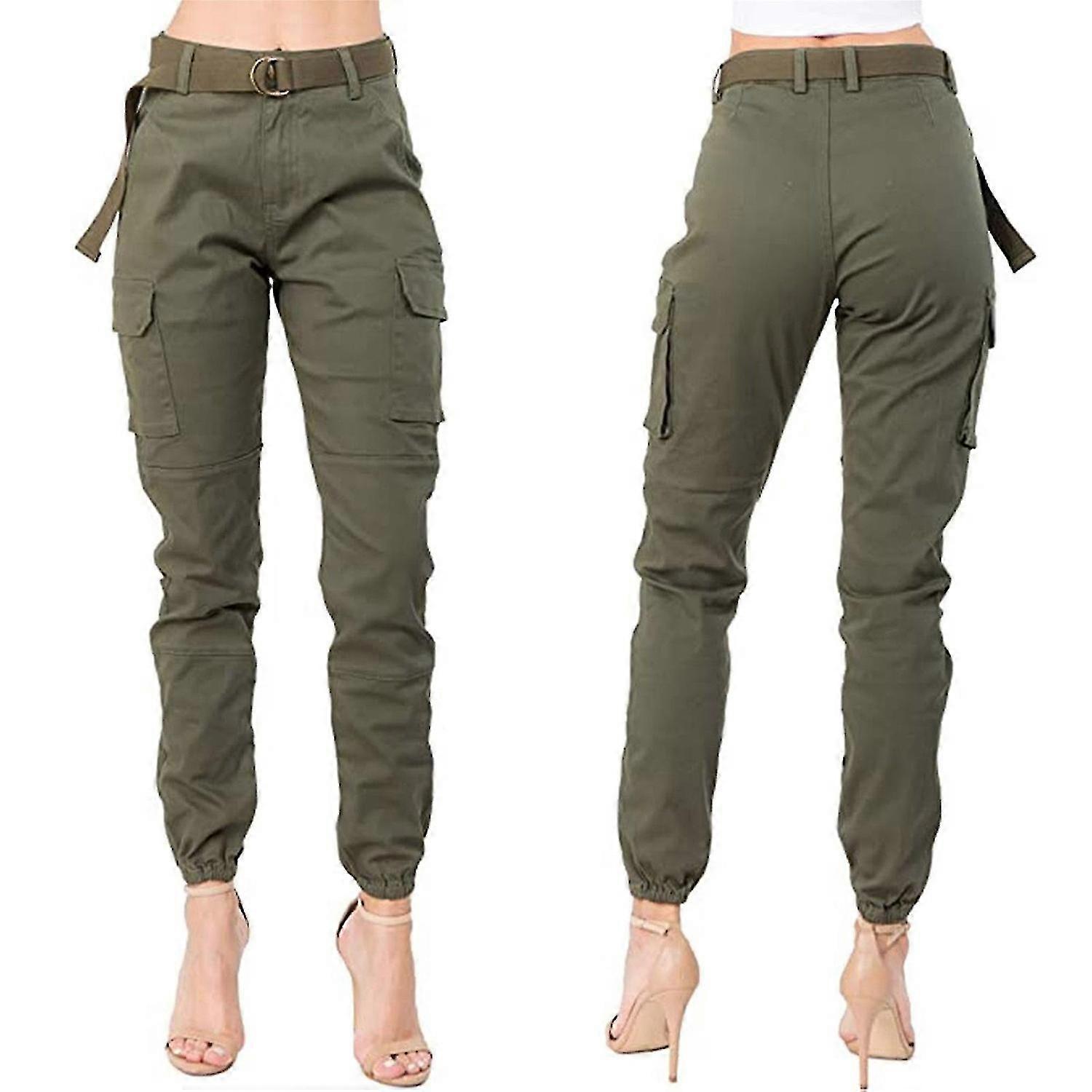 Ladies High Waist Slim Fit Cargo Jogger Pants with Matching Belt
