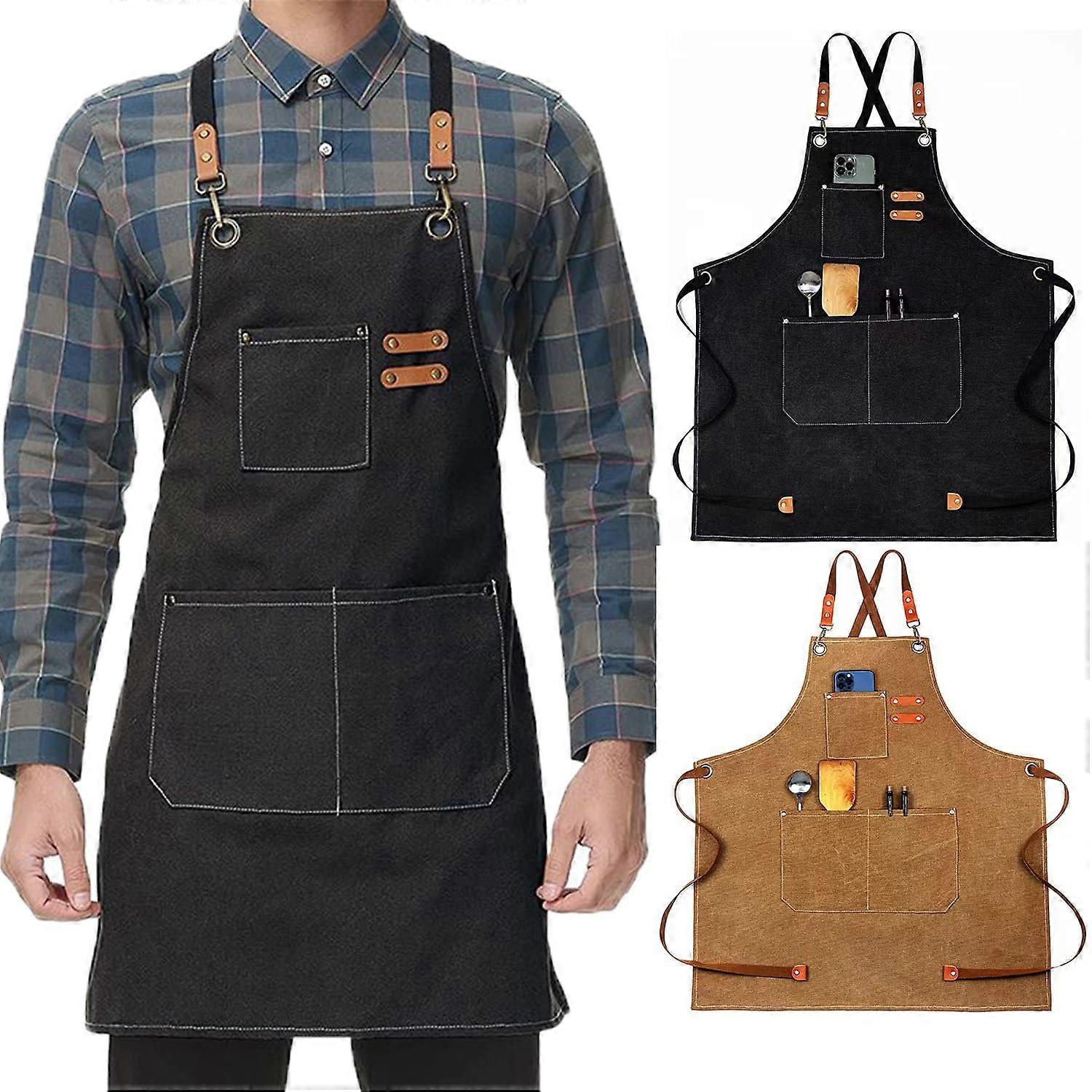 2Pack Work Apron - Adjustable Heavy Duty Chef Apron for Men/Women, Waterproof Cotton Canvas with Large Pockets, Size M-XXL